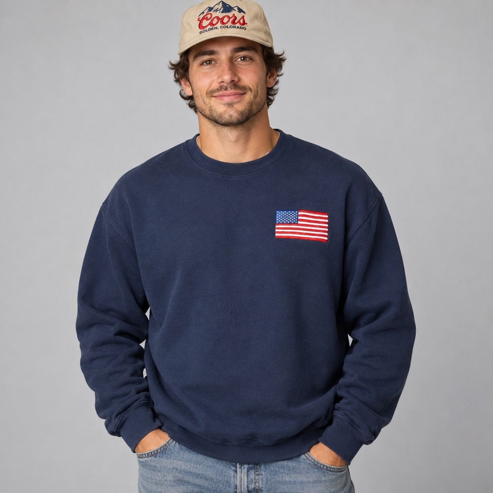 Vintage Sweatshirt Mens Large Navy Blue USA Flag Patch Hanes Ultimate Cotton 90s